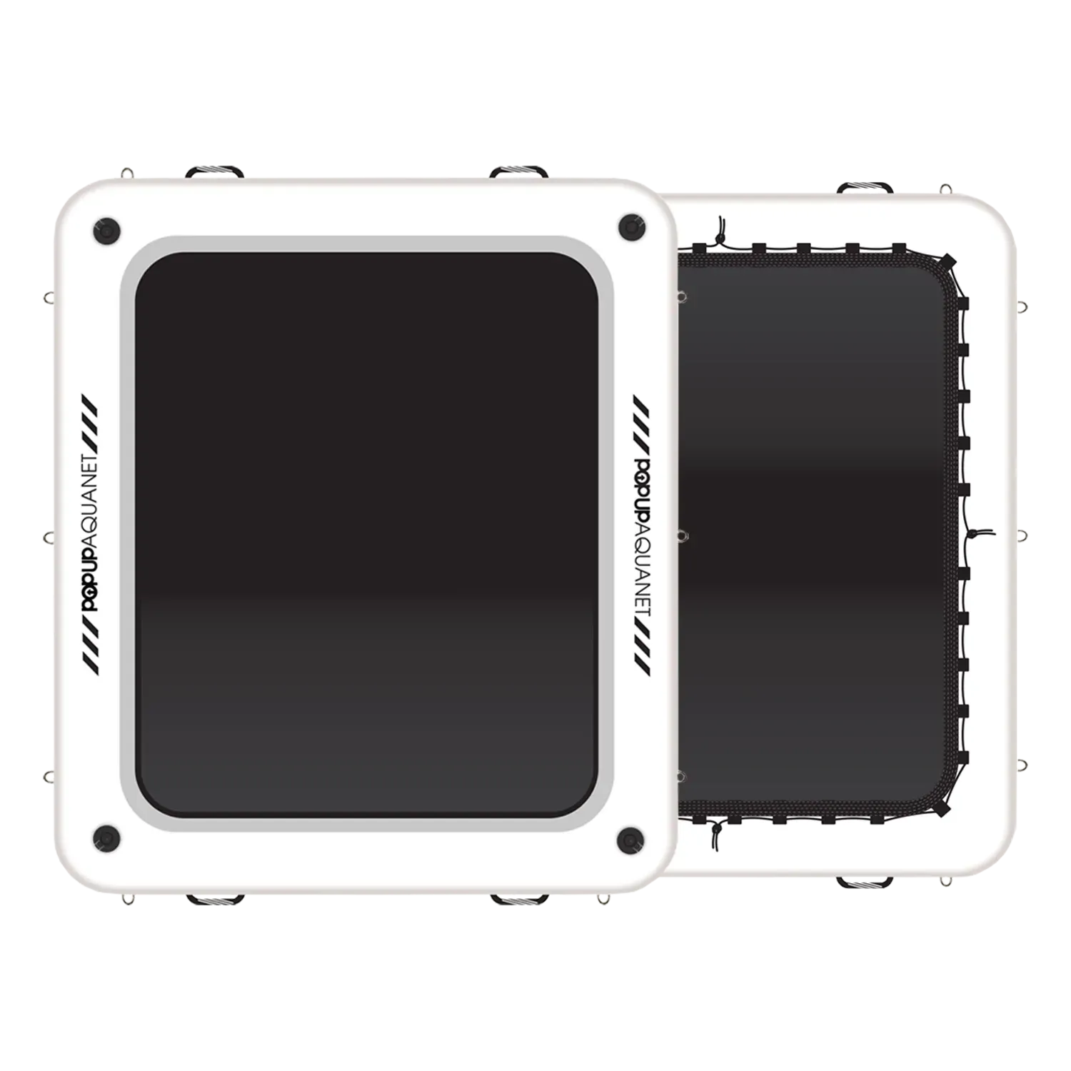 Square inflatable dock section with black deck pad and white reinforced edge rails shown from top view