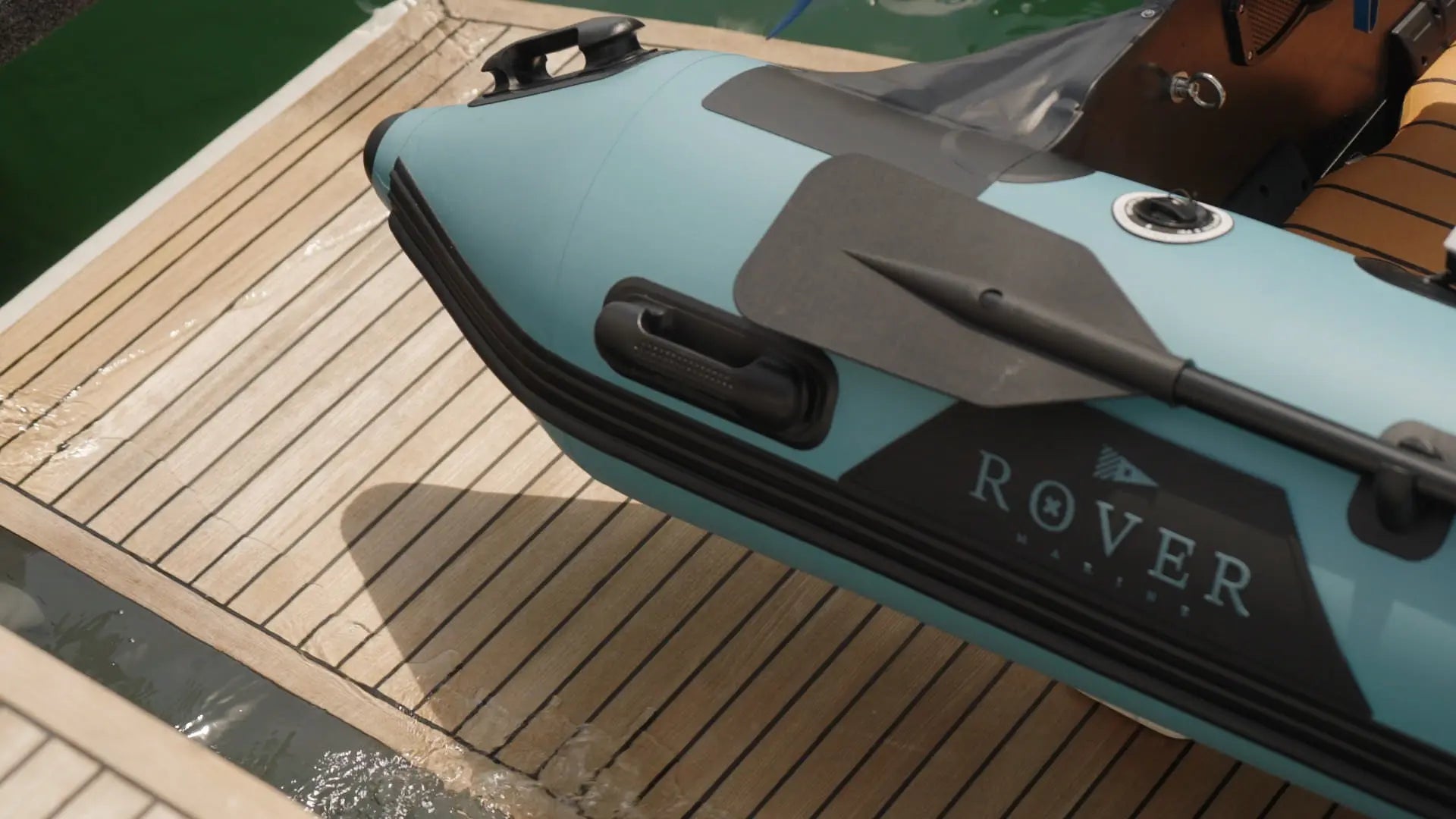 Rover Marine inflatable boat stored properly on dock ready for winter