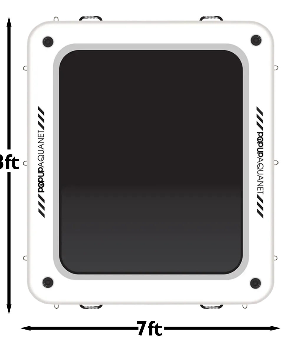 POP Aqua Net inflatable lounge with dimensions 8 feet by 7 feet by 8 inches highlighted for scale.