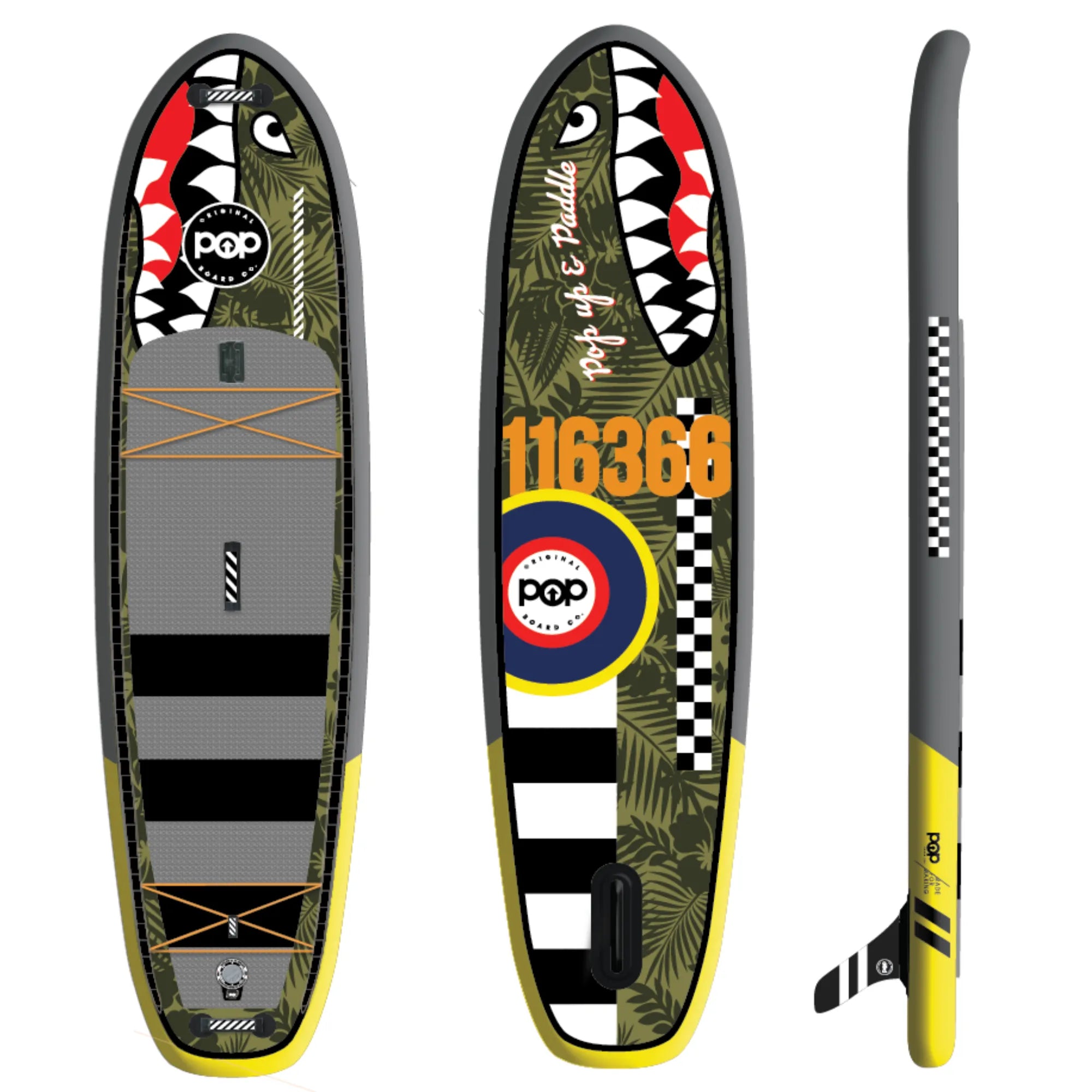 Top, bottom, and side views of the POP Board Co. 11'6" El Capitan Bomber inflatable paddleboard, featuring P-51 Mustang-inspired shark mouth graphics, green camo print, and front and rear cargo bungees.