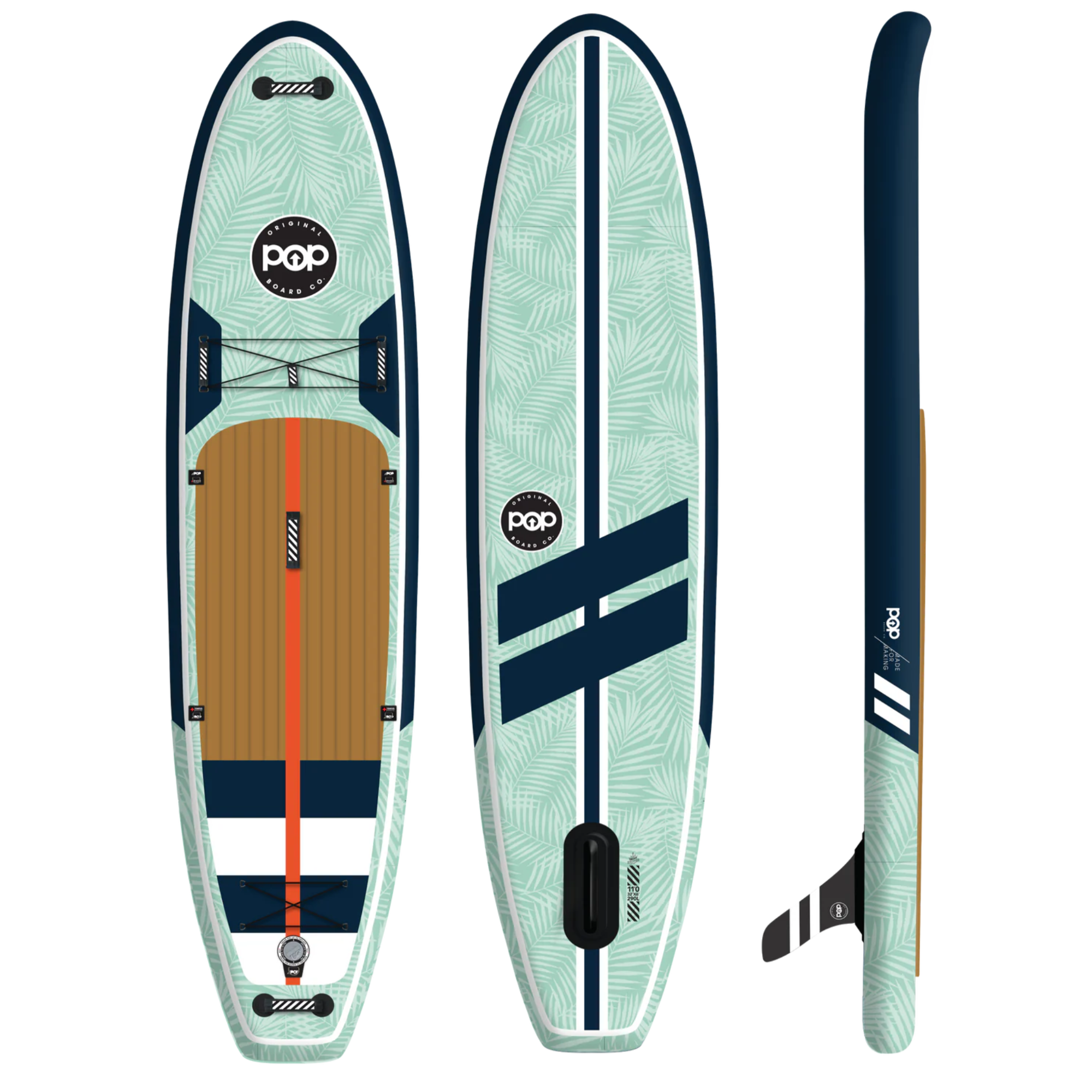 Top, bottom, and side views of the POP Board Co. 11'0" Yacht Hopper inflatable paddleboard, showcasing the mint green palm print, teak wood-style deck pad, and navy blue racing stripes.