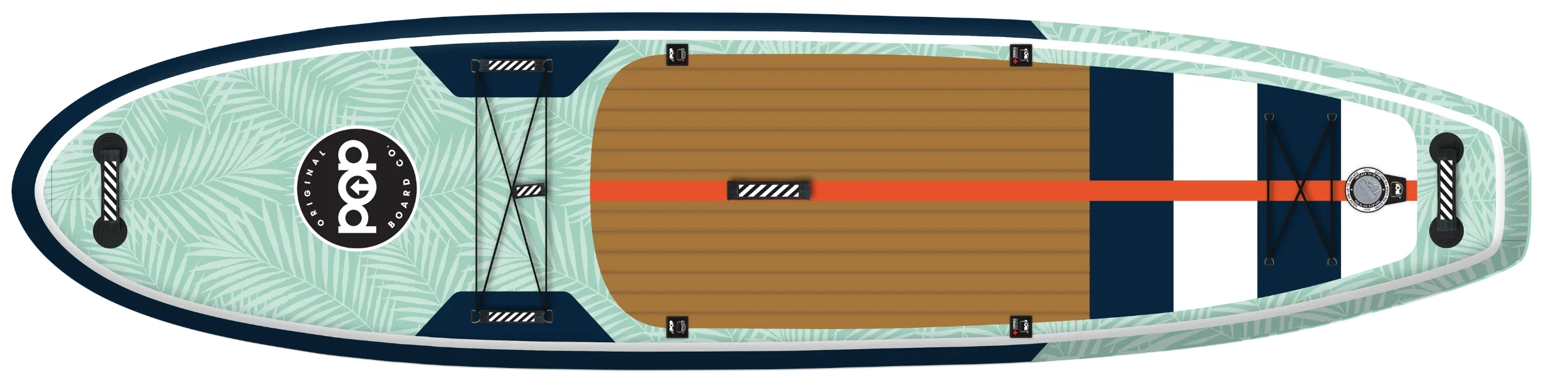 Top view of POP Yacht Hopper paddleboard in wood deck and teal leaf design with orange center line.