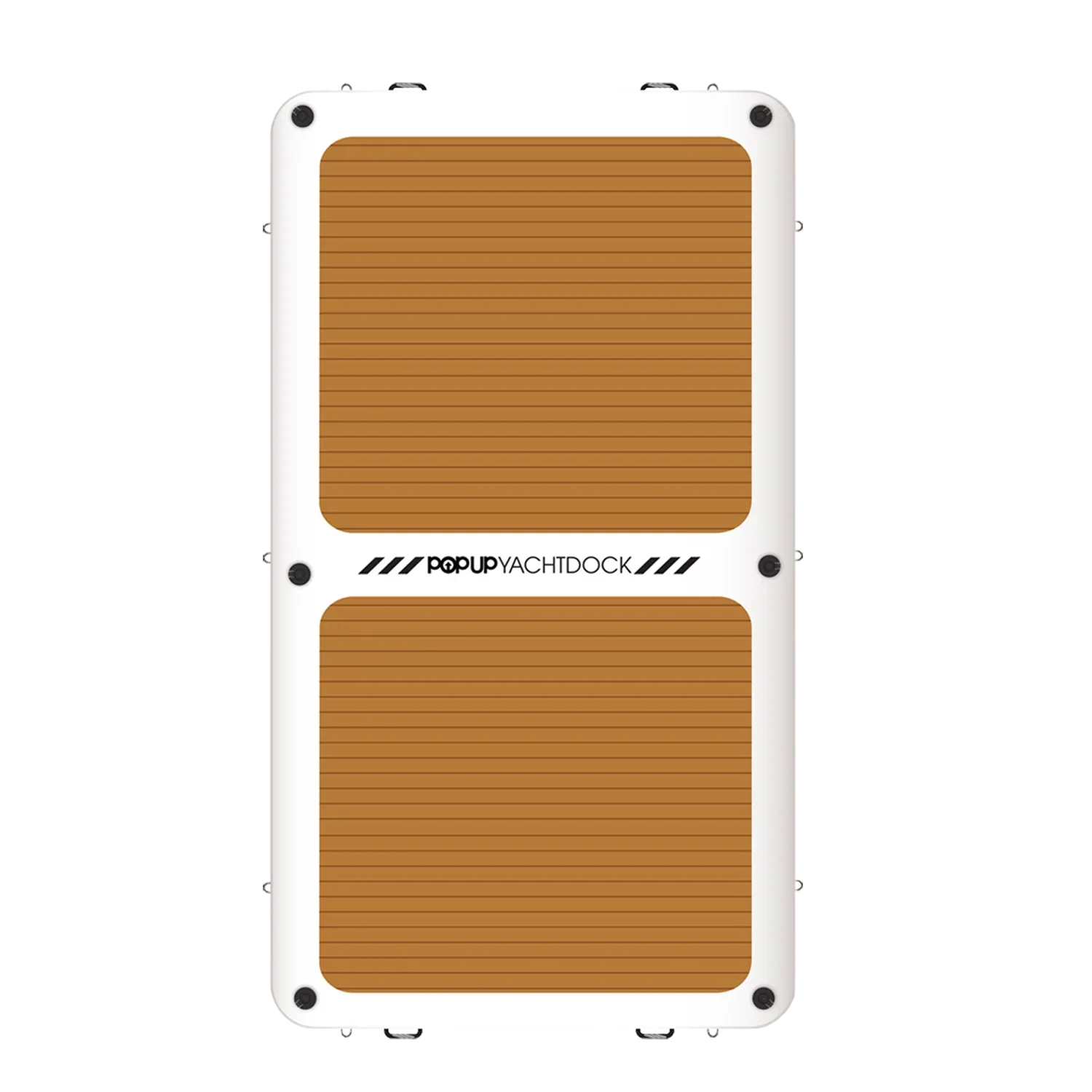POP YachtDock inflatable dock showing teak-style panels and durable D-rings for gear attachment.