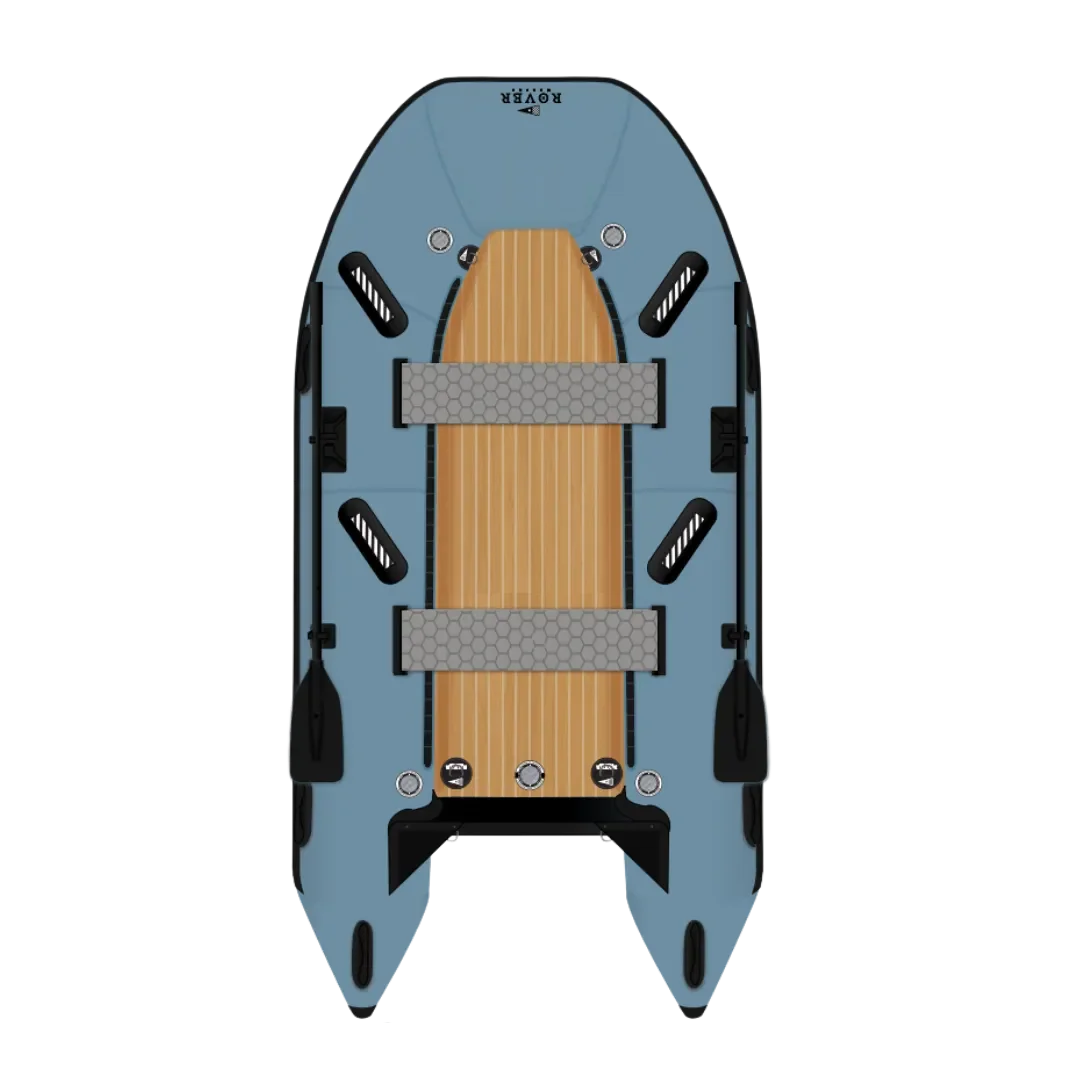 Rover Marine Battle Boat inflatable boat with wood-style floor deck.