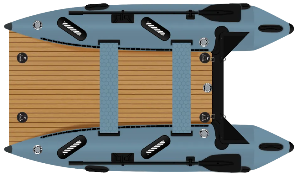 Rover Marine Battle Cat inflatable catamaran top view with reinforced deck.