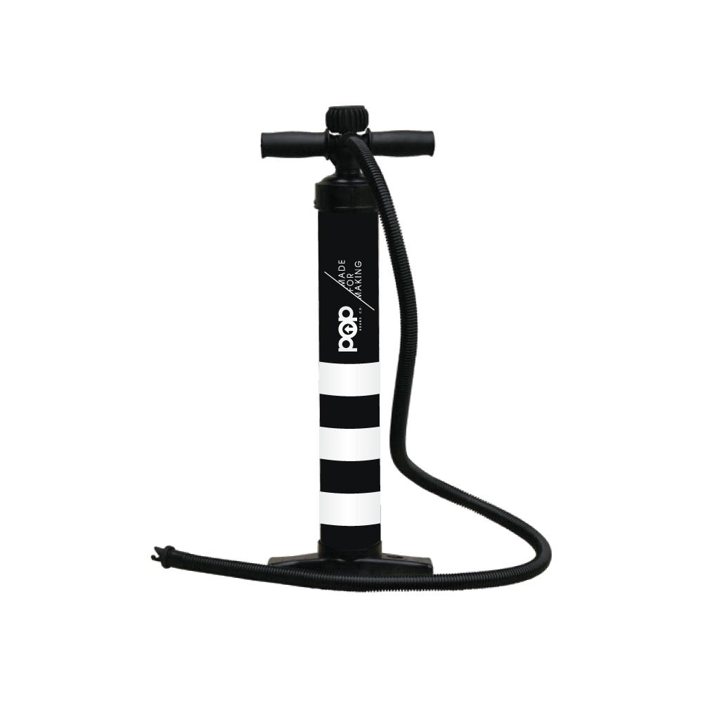 A black and white dual action hand pump with a hose, designed for inflating and deflating inflatable paddleboards and docks.