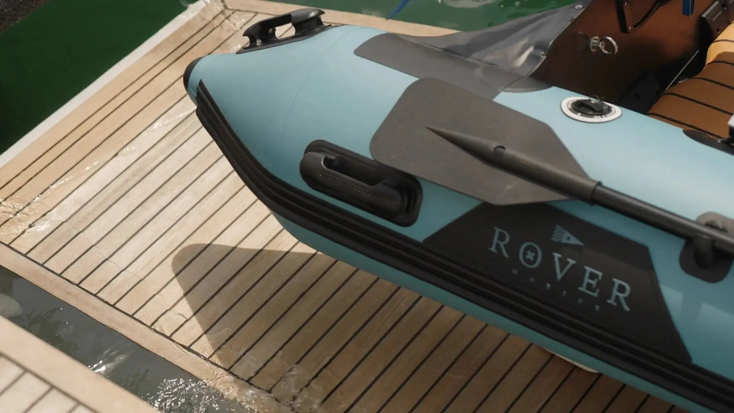 Rover Marine inflatable boat stored properly on dock ready for winter
