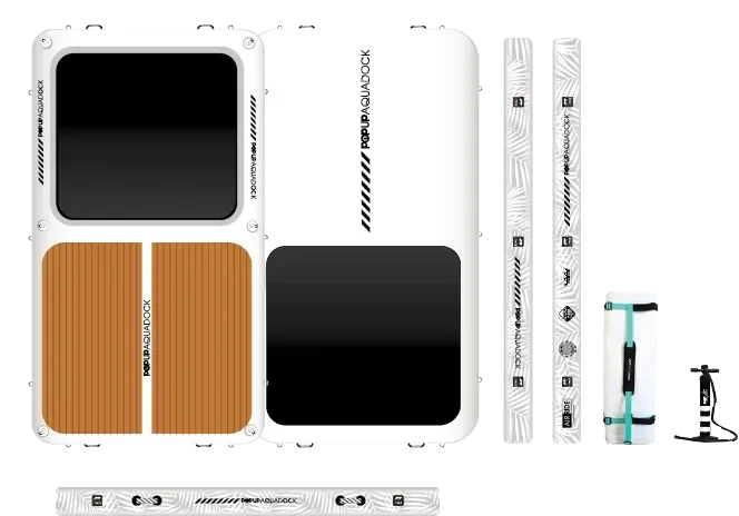 Overhead view of the POPUP AQUADOCK 14' x 7' x 8" modular inflatable dock-ideal for water sports-displayed with two pumps, rolled-up dock sections, and a repair kit on a white background.