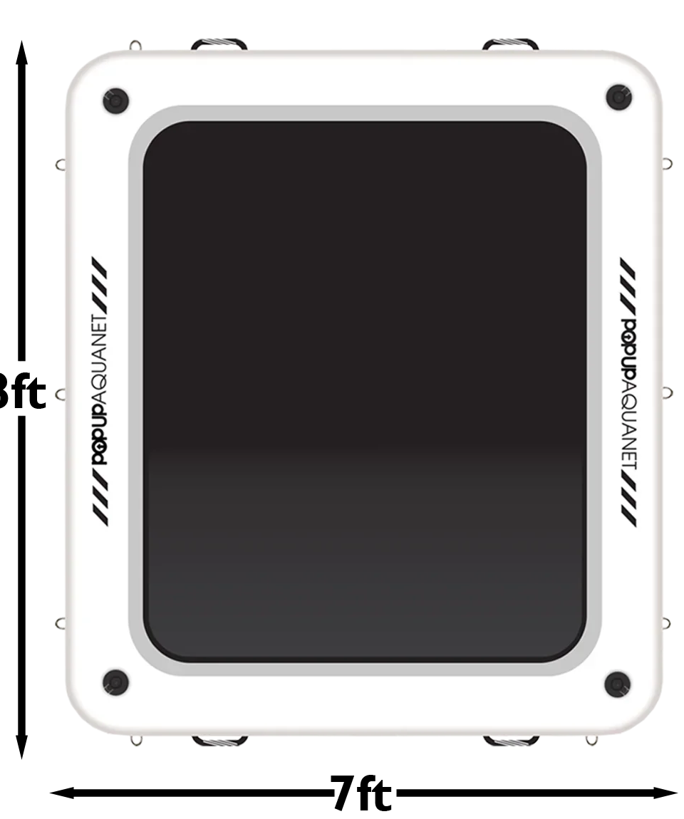 POP Aqua Net inflatable lounge with dimensions 8 feet by 7 feet by 8 inches highlighted for scale.