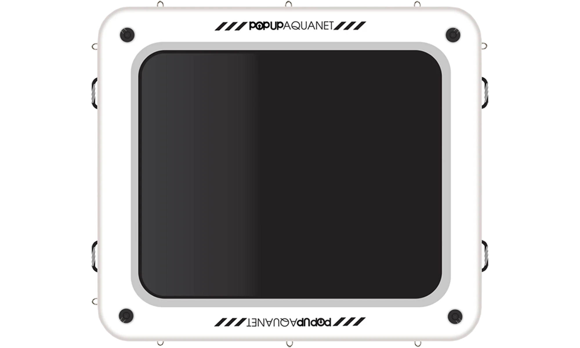 Front view of POP Aqua Net inflatable lounge with solid PVC frame and open swim area.