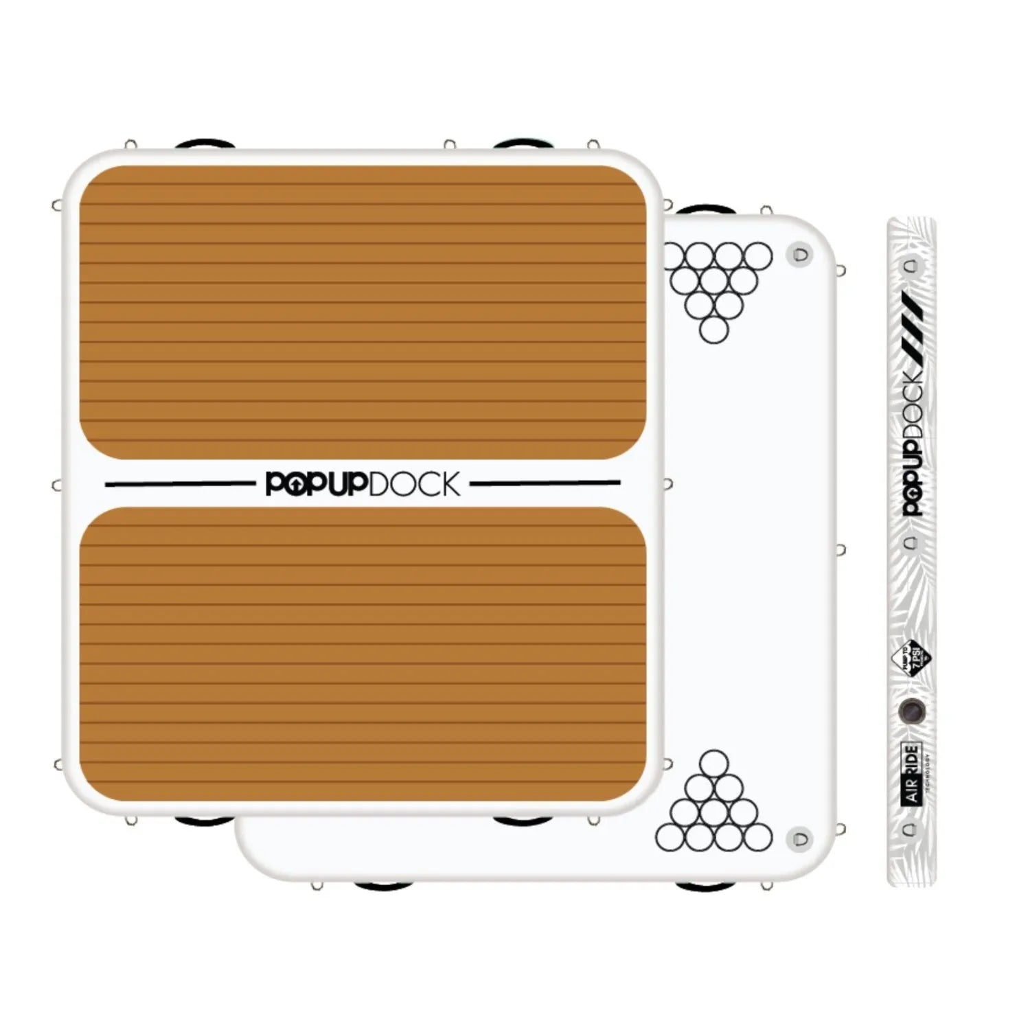 An inflatable dock with beige and white colors, featuring multiple D-rings and a beer pong cup template on the side.