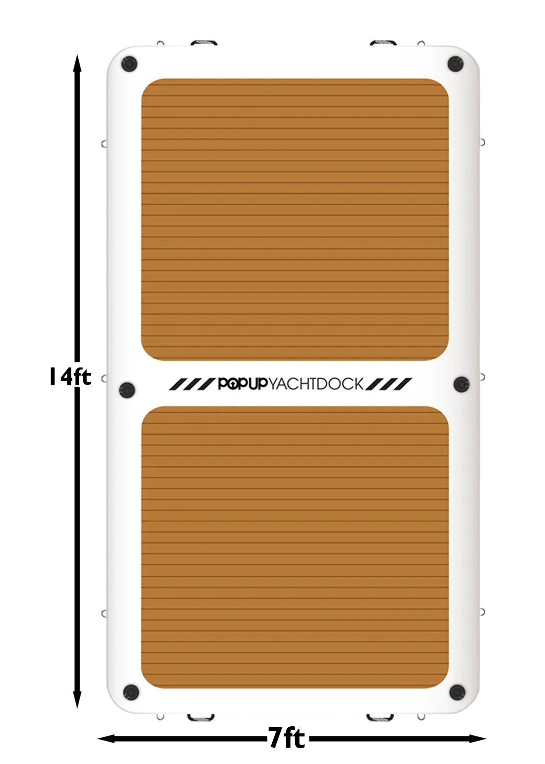 POP YachtDock inflatable dock top view showing 14x7 foot dimensions and teak-style non-slip surface.