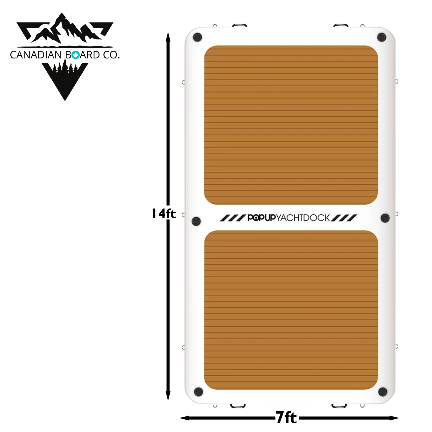 POP YachtDock inflatable dock top view showing 14x7 foot dimensions and teak-style non-slip surface.