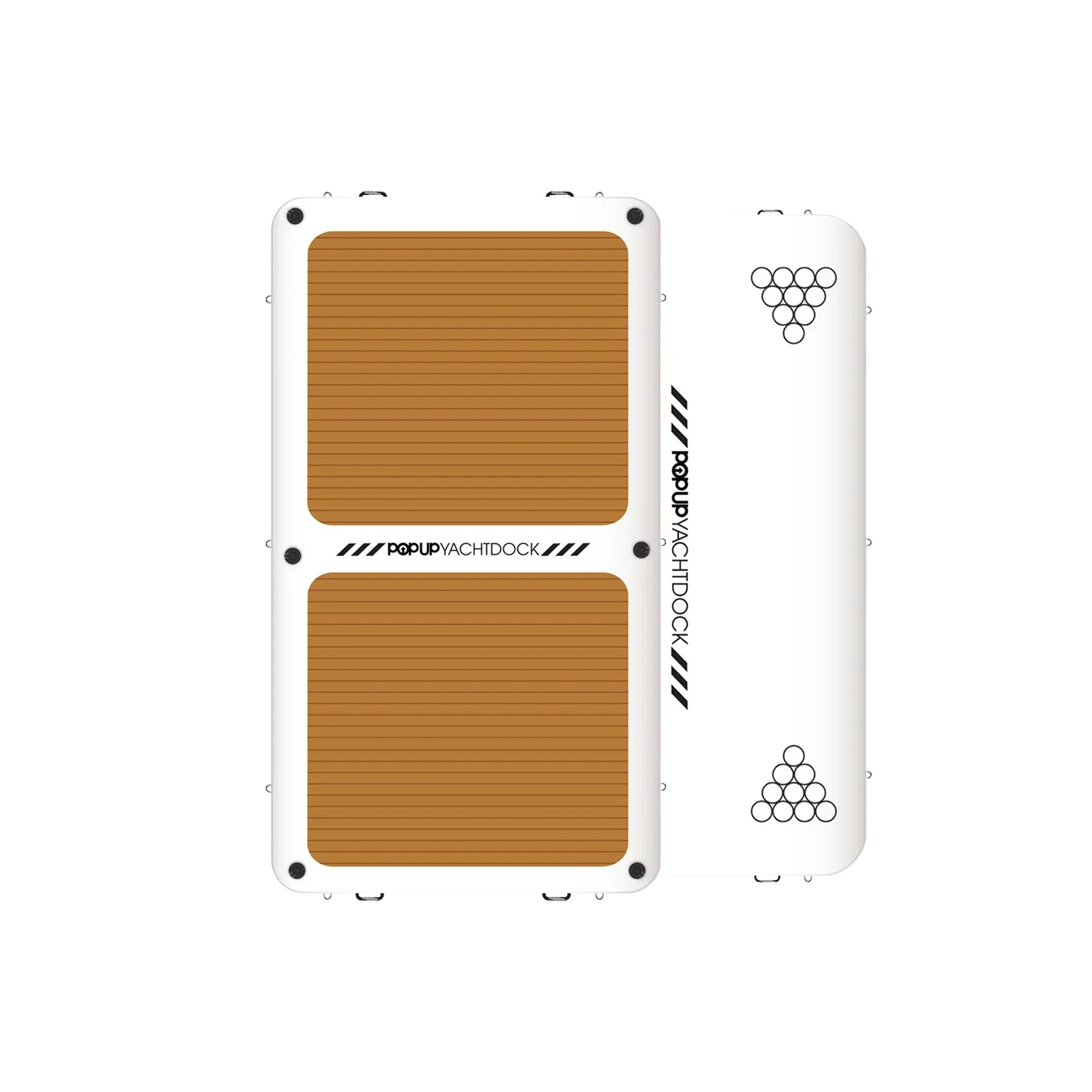 Top view of POP YachtDock 14x7 inflatable dock with teak-style non-slip traction surface.