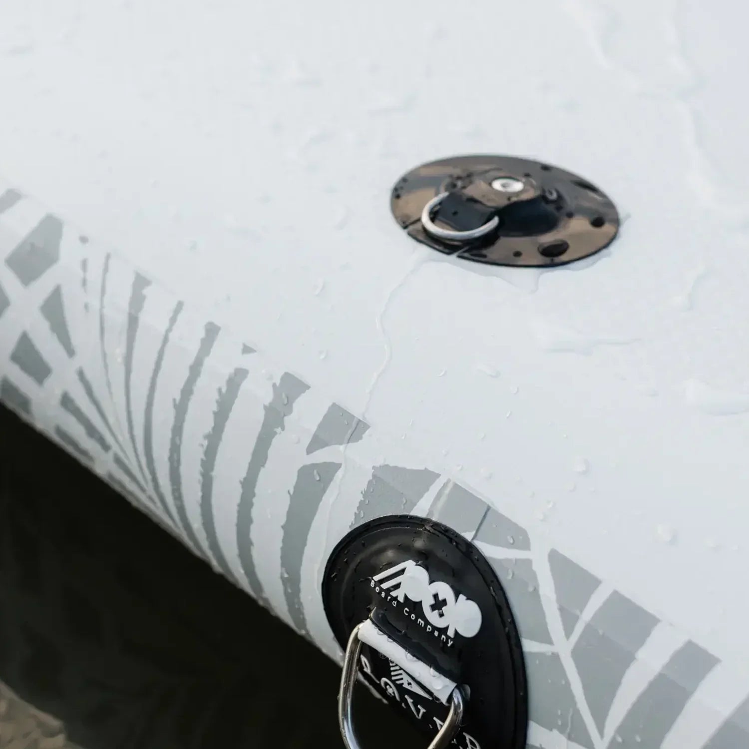 Close-up of POP YachtDock inflatable dock showing reinforced D-ring for anchoring and gear attachment.