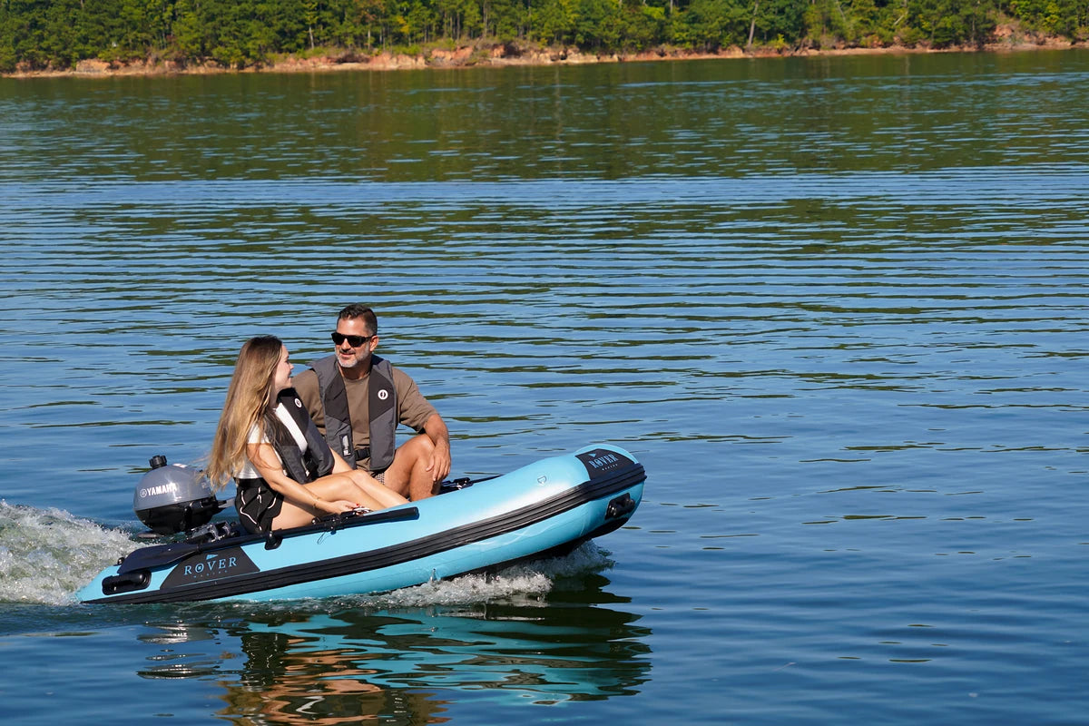 Battle Boat 8ft paired with Yamaha 2.5HP outboard motor, lake cruise
