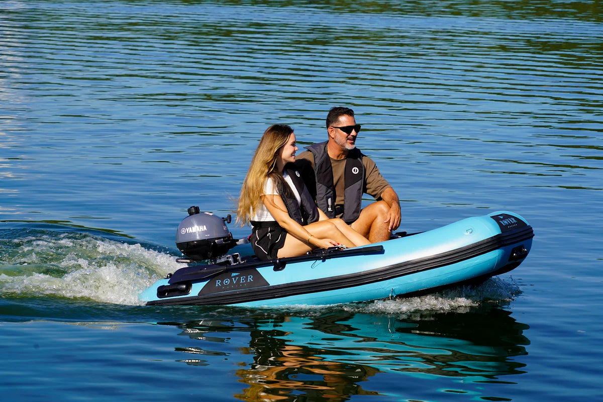 Battle Boat 8ft paired with Yamaha 2.5HP outboard motor, lake cruise