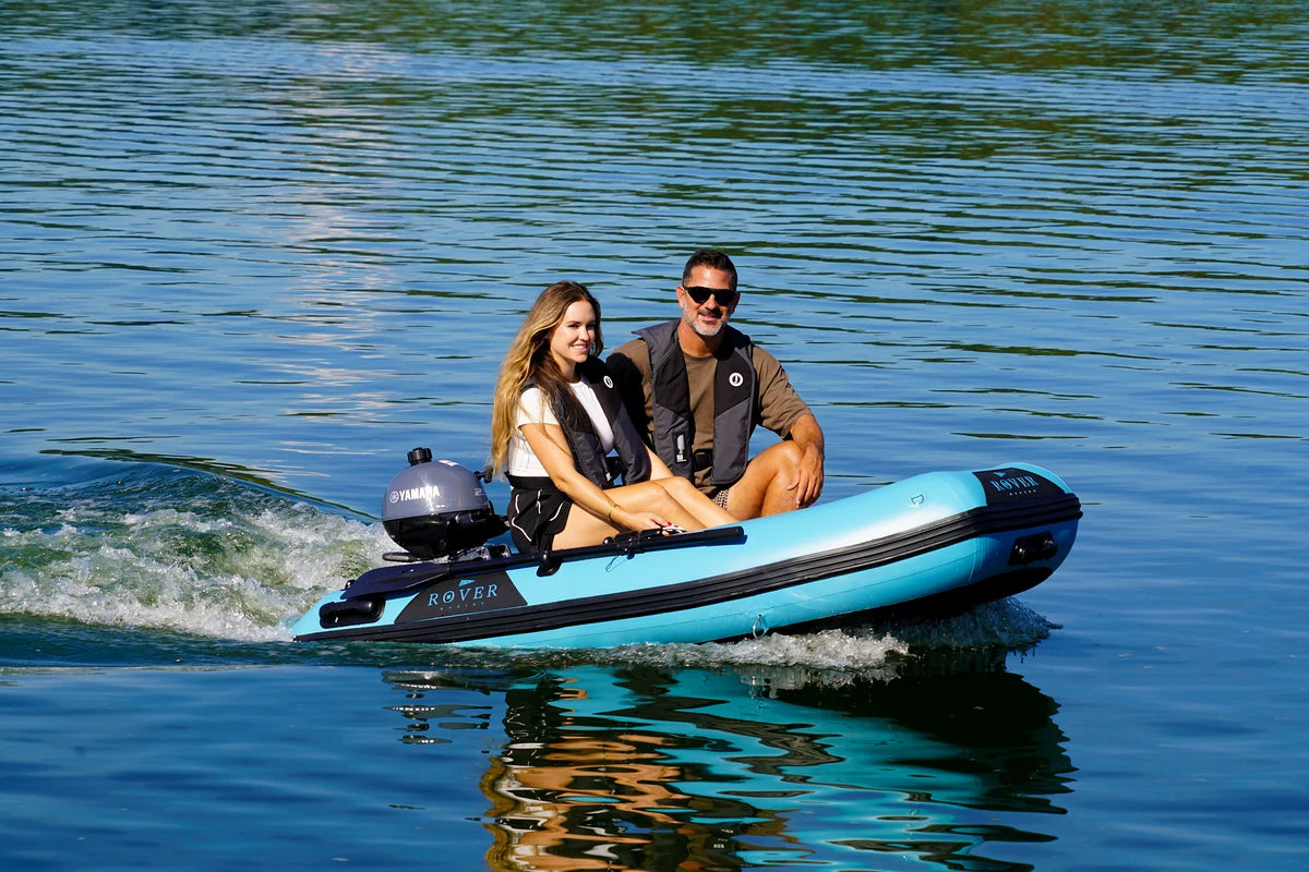Battle Boat 8ft paired with Yamaha 2.5HP outboard motor, lake cruise