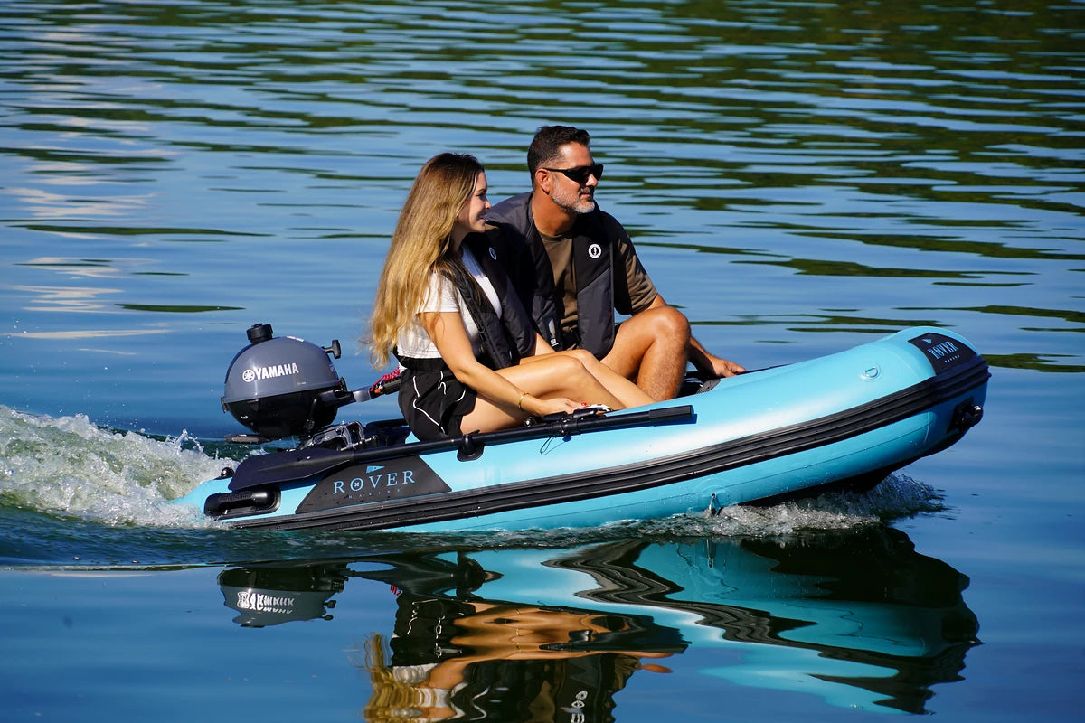 Battle Boat 8ft paired with Yamaha 2.5HP outboard motor, lake cruise