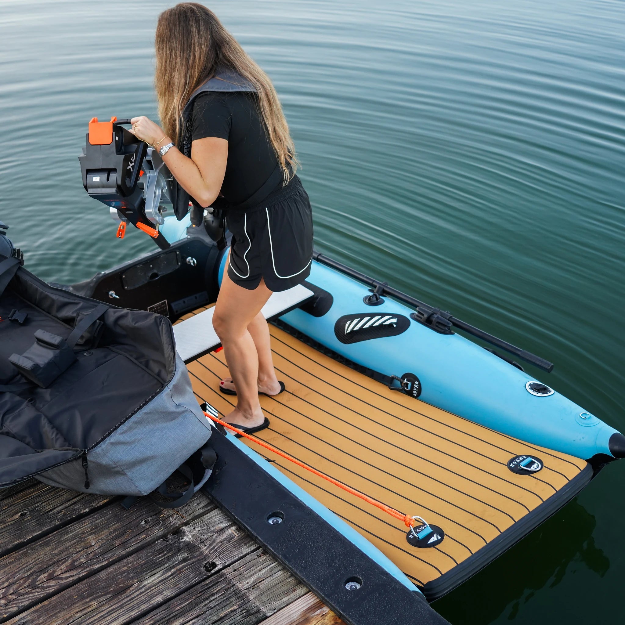 Battle Cat 8ft paired with Torqeedo Travel XS electric outboard motor, dock setup