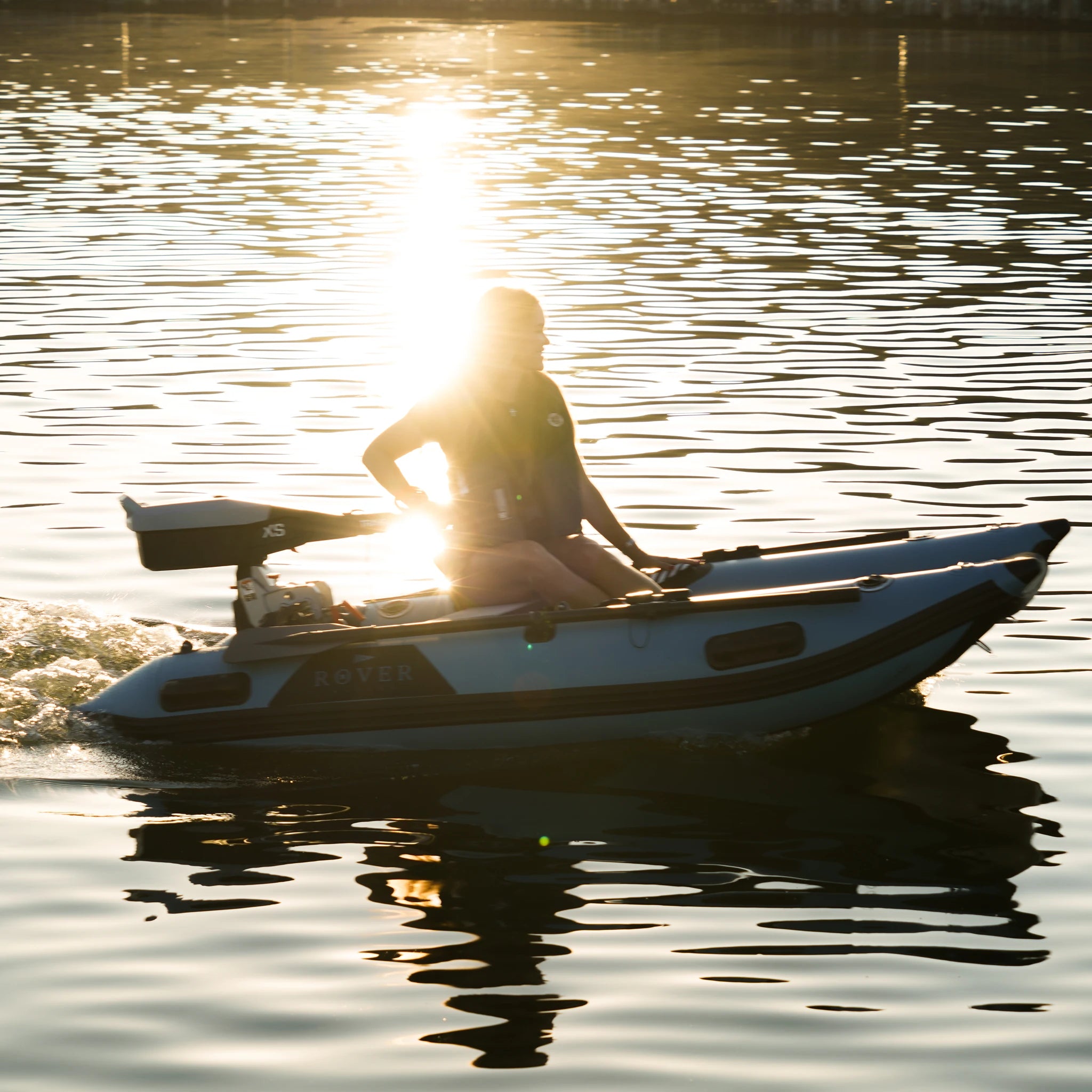 Battle Cat 8ft paired with Torqeedo Travel XS electric outboard motor, sunset lake cruise
