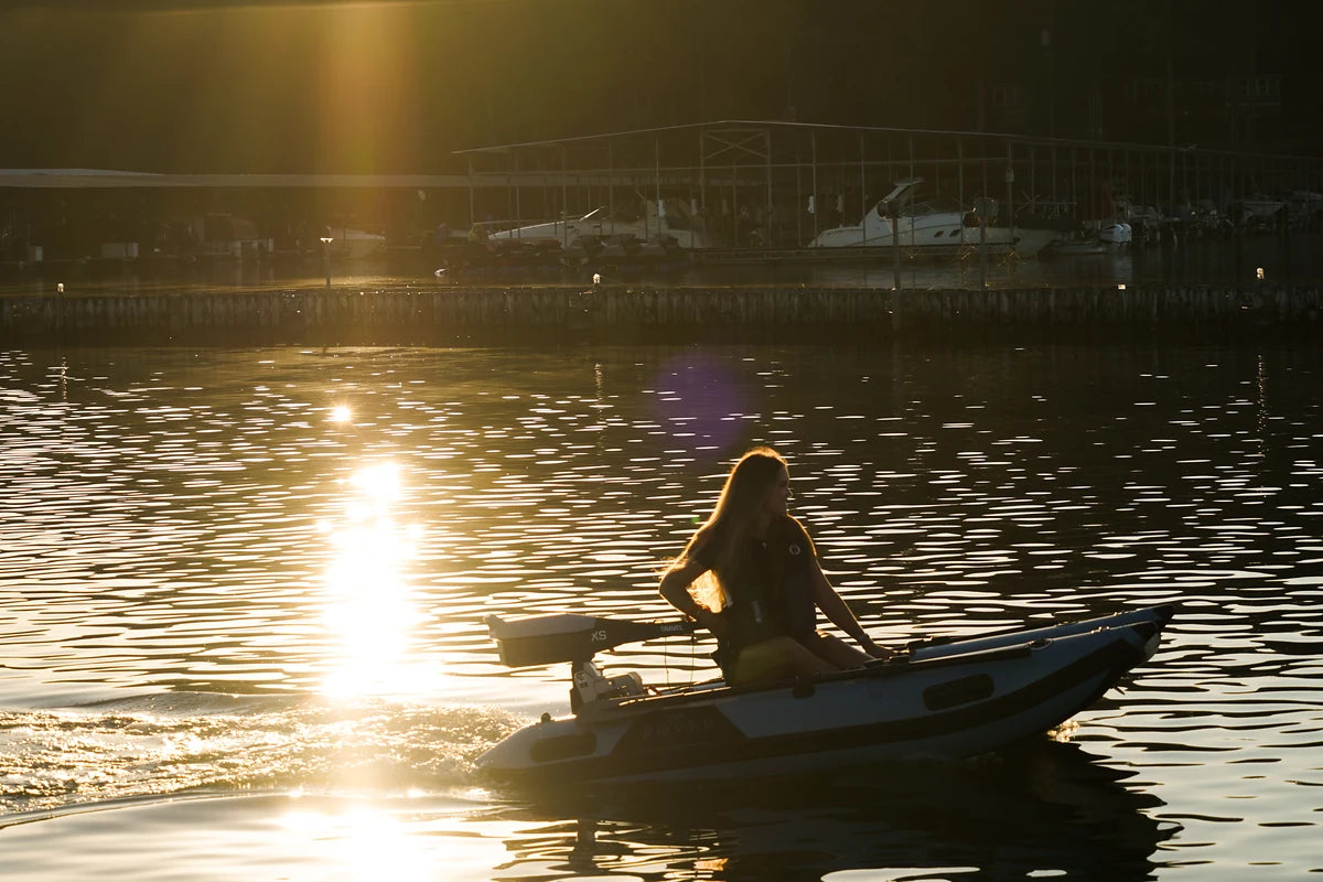 Battle Cat 8ft paired with Torqeedo Travel XS electric outboard motor, sunset lake cruise