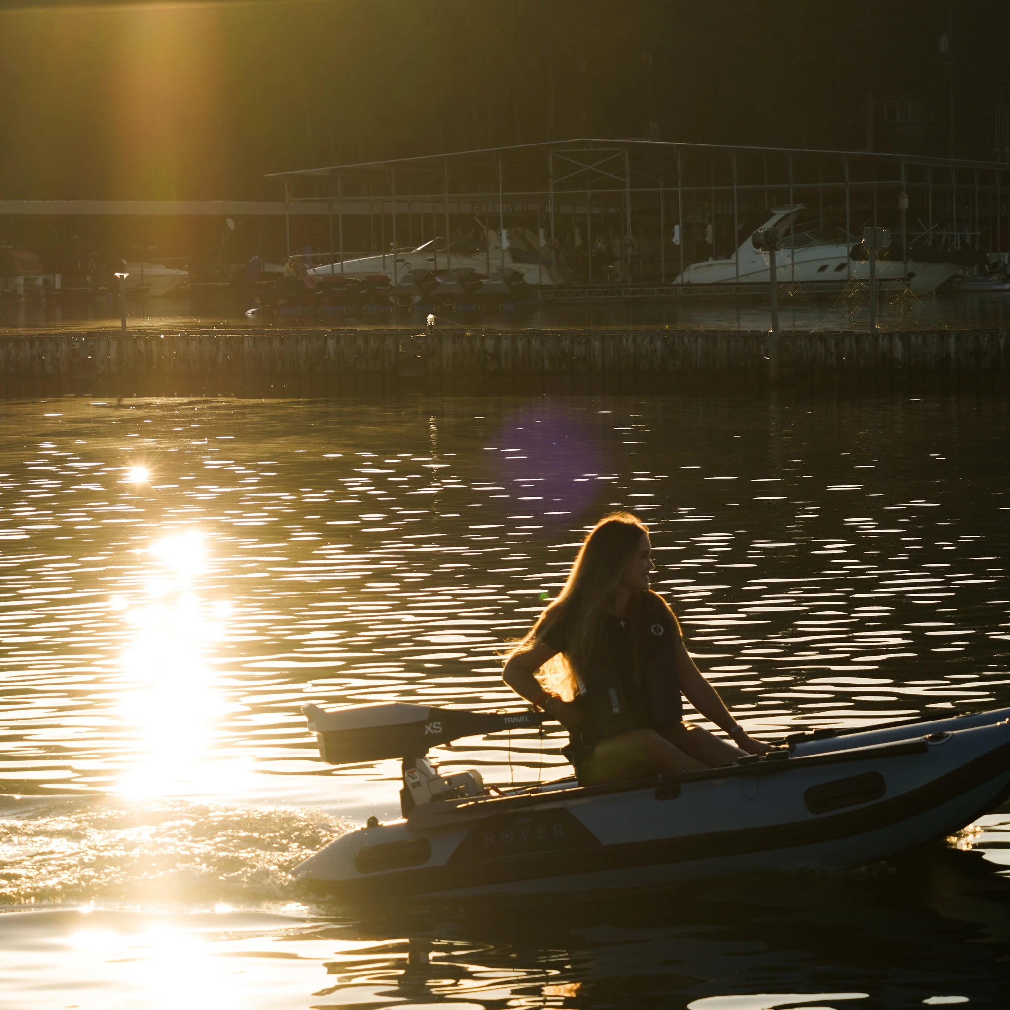 Battle Cat 8ft paired with Torqeedo Travel XS electric outboard motor, sunset lake cruise
