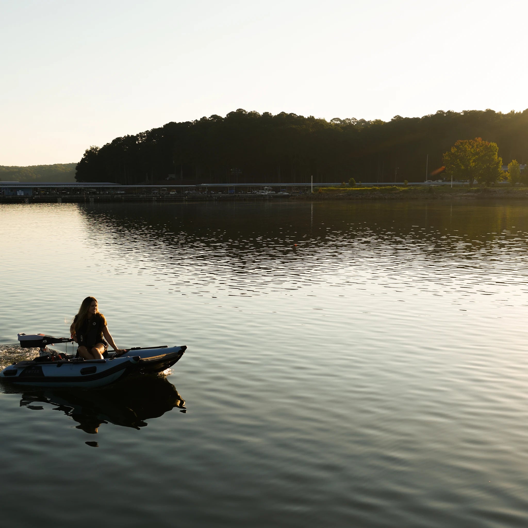 Battle Cat 8ft paired with Torqeedo Travel XS electric outboard motor, sunset lake cruise