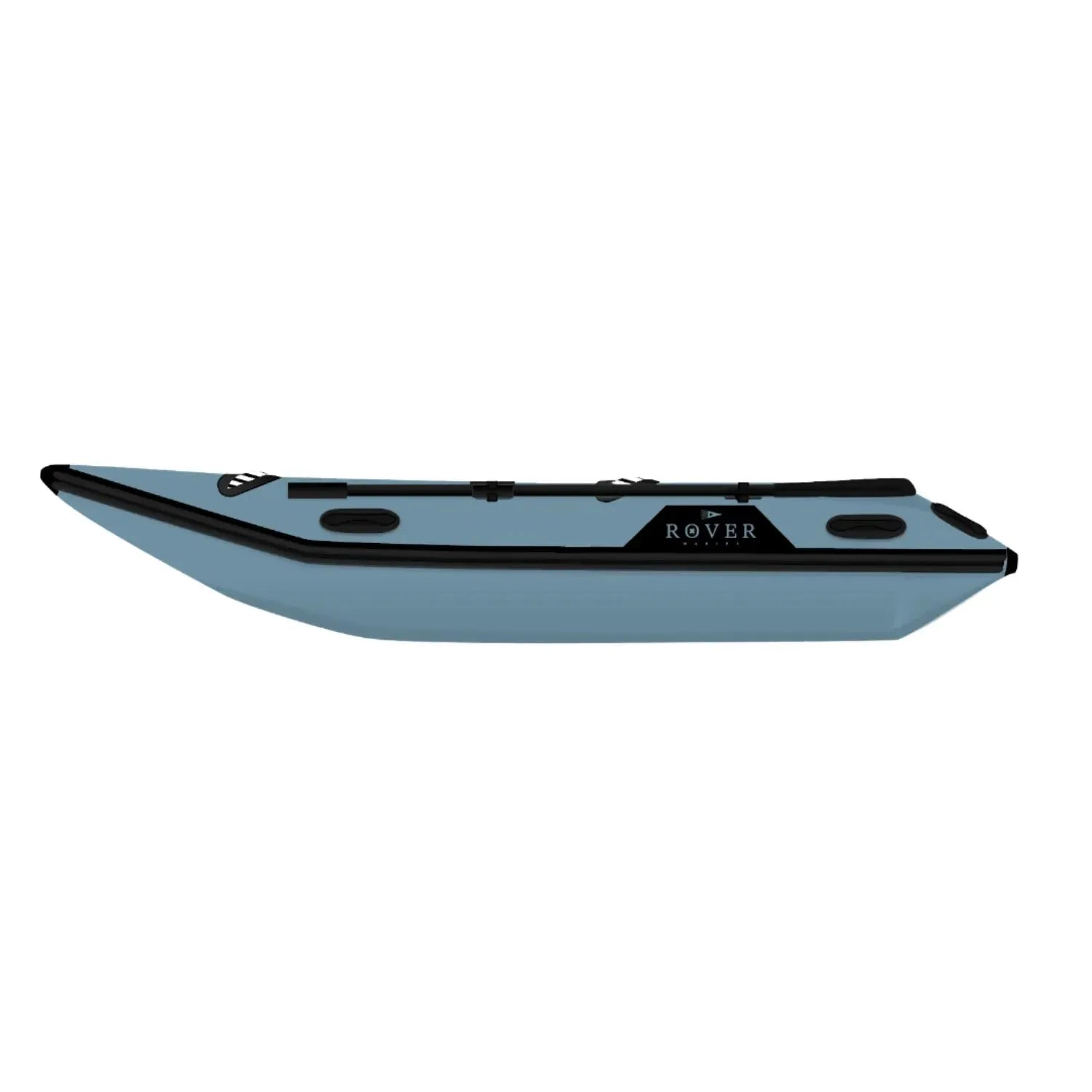 Side profile view of the Rover Marine Battle Cat inflatable boat, highlighting its sleek blue and black design, durable construction, and reinforced sides for stability on the water.