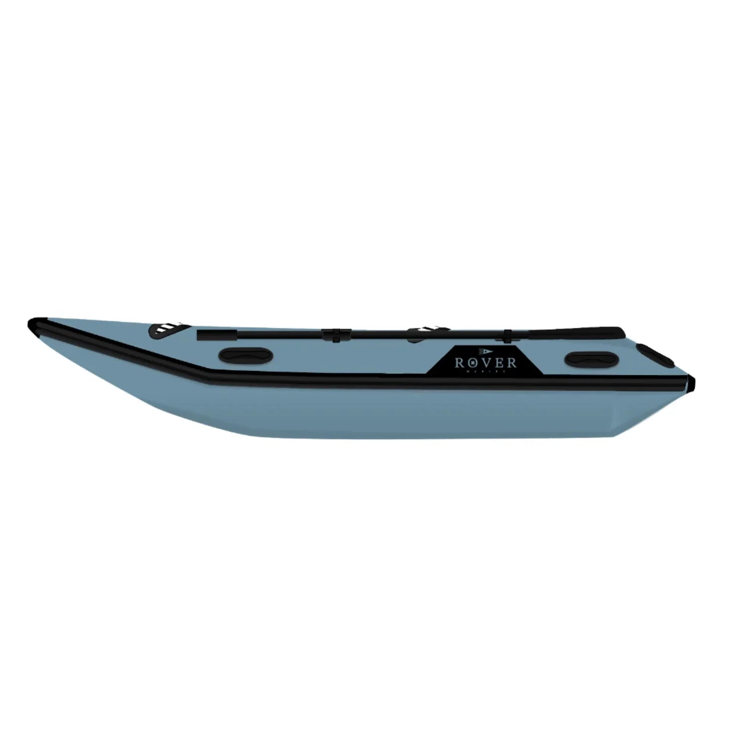 Side profile view of the Rover Marine Battle Cat inflatable boat, highlighting its sleek blue and black design, durable construction, and reinforced sides for stability on the water.