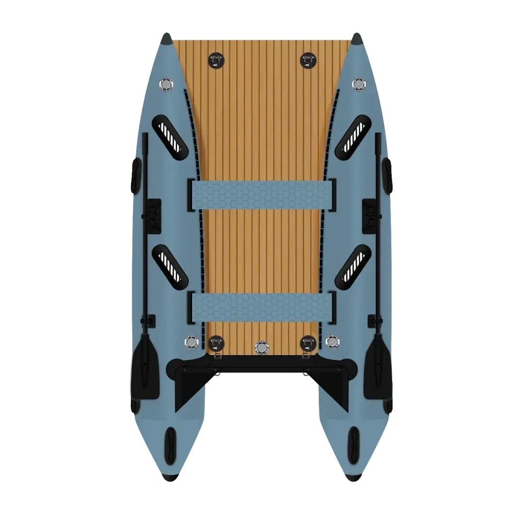 Rover Marine Battle Cat inflatable catamaran top view with reinforced deck.
