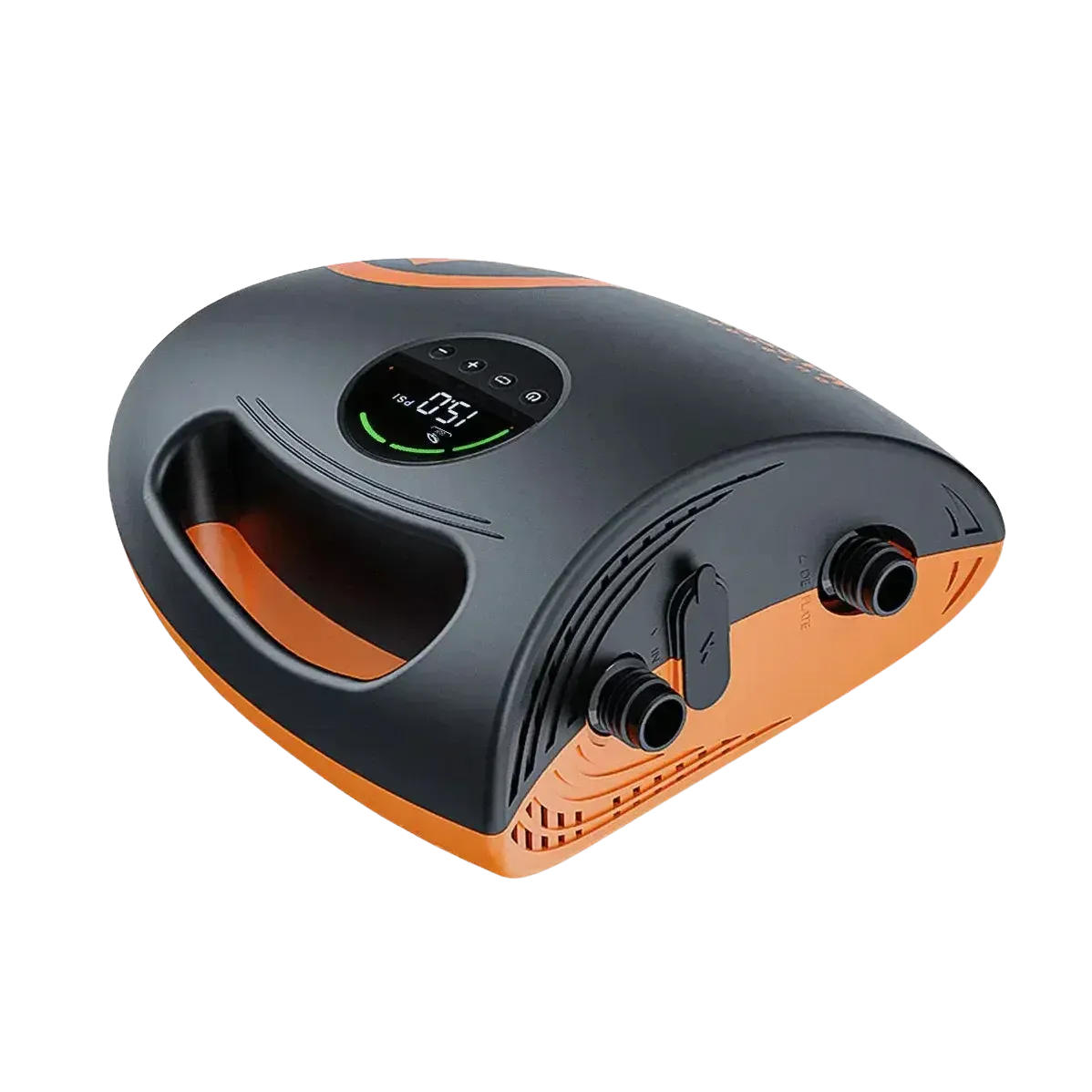 Close-up of the OutdoorMaster Shark 2S electric paddleboard pump with digital display, dual valve ports, and ergonomic handle.