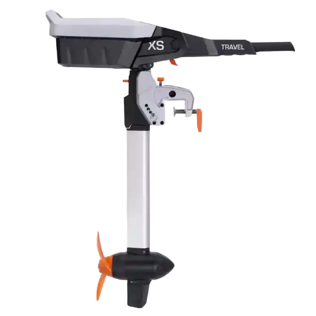 Torqeedo Travel XS electric outboard motor, side view showing the tiller handle, motor head with XS branding, transom mount, long shaft and orange propeller with pod housing