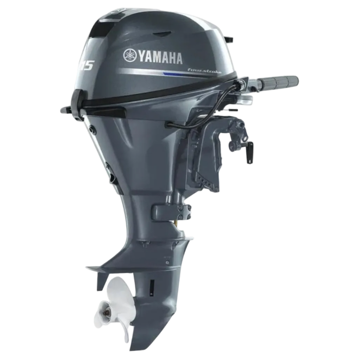 Yamaha 15 HP 4-stroke tiller outboard motor, front three-quarter view